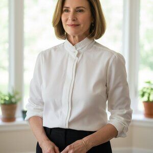 Diane Keaton Foxcroft Japan band collar white button up blouse pearl shirt 10